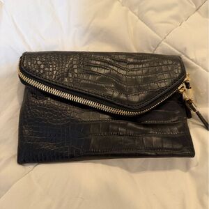 Black Croc Embossed Clutch with Gold Zipper